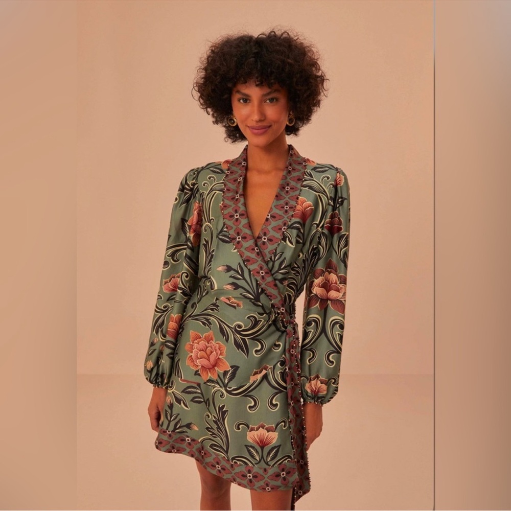 FARM Rio Green and Orange Wrap Mini Dress with Bishop Sleeves